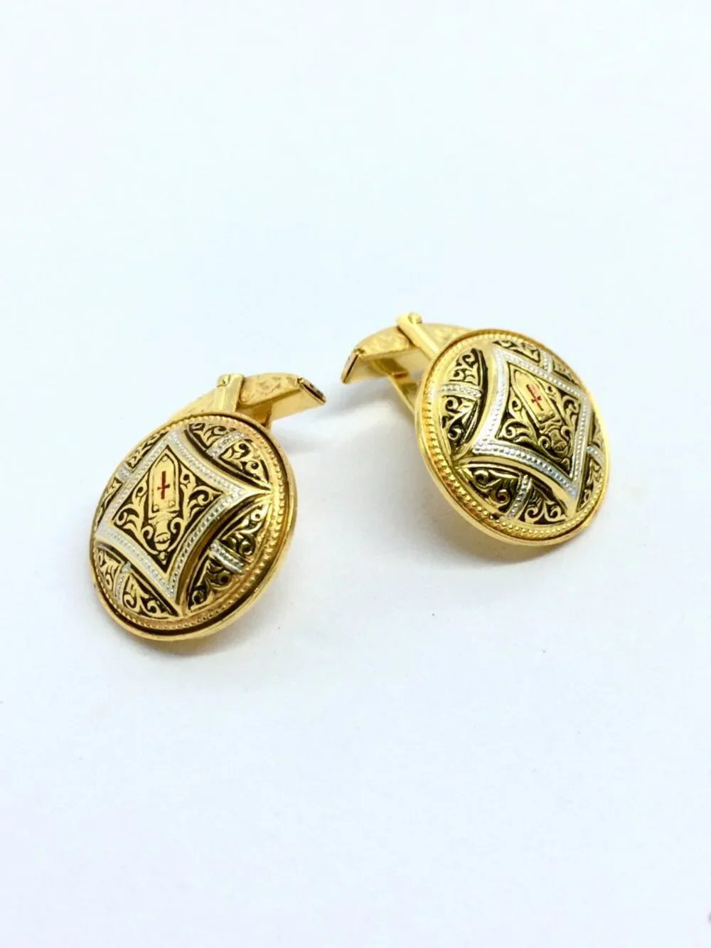 Vintage Gold and Black Shield Motif Cuff Links with Red Accent